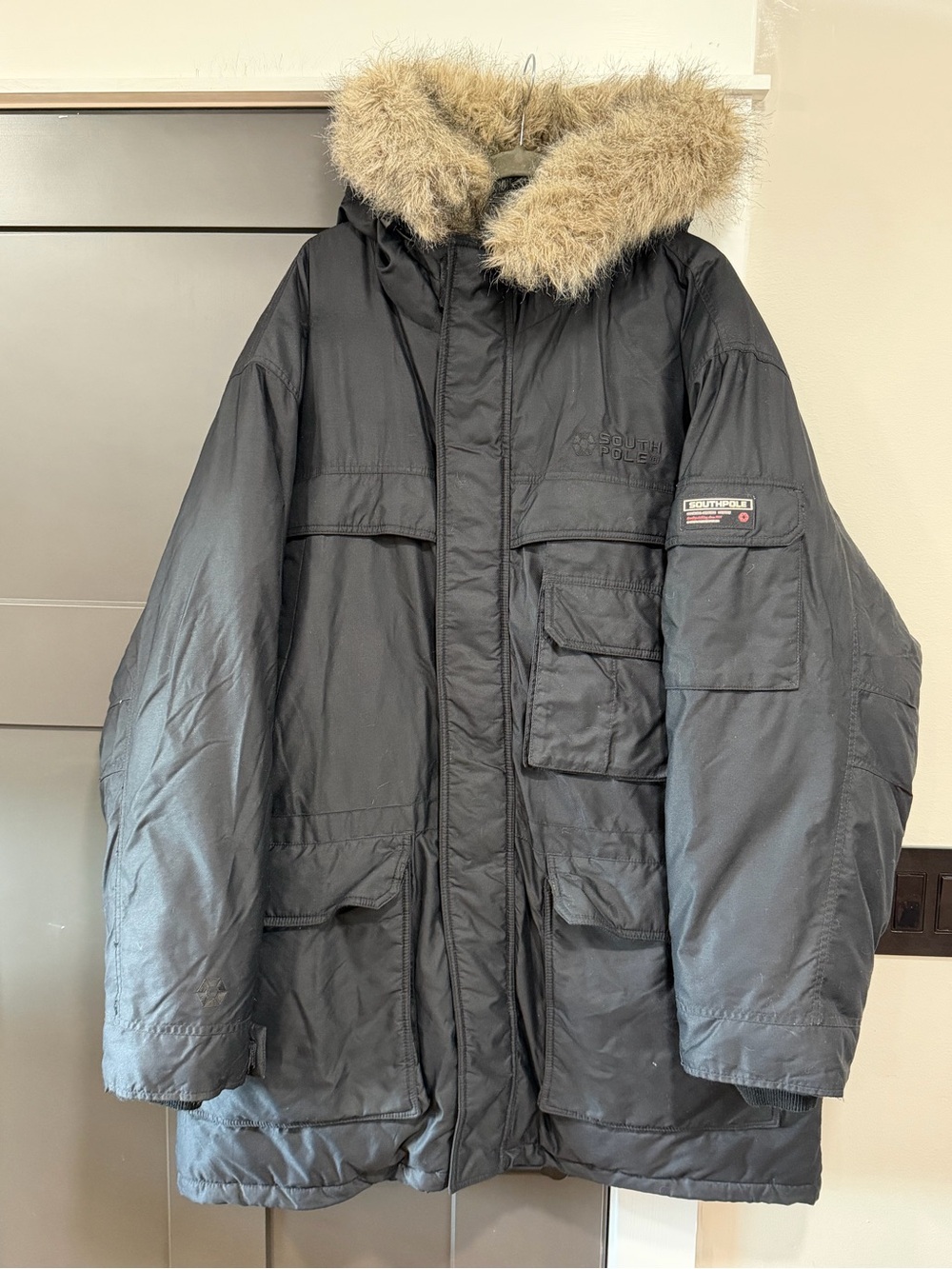 South Pole Men’s Black Parka Jacket with Faux-Fur Hood